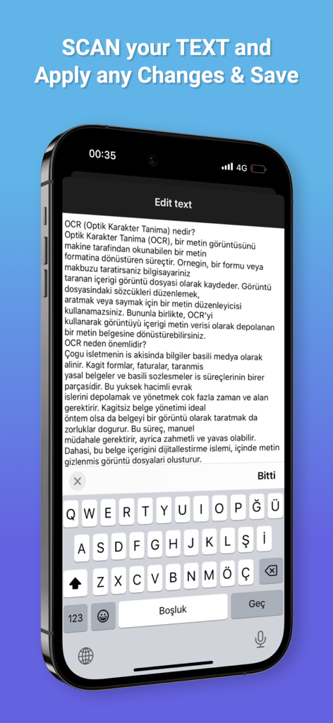 Scanner ProMax : PDF Converter - Smartphone screen showing the OCR text editing interface in the Scanner ProMax app