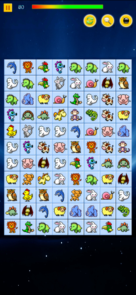 宠物连连看-经典版连连看小游戏 - Schermata di gioco di un puzzle a tema animali con varie icone di animali.