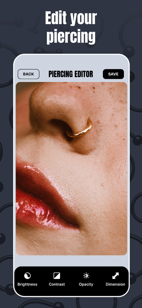 Piercing Photo Editorアプリでゴールドの鼻輪のバーチャル試着