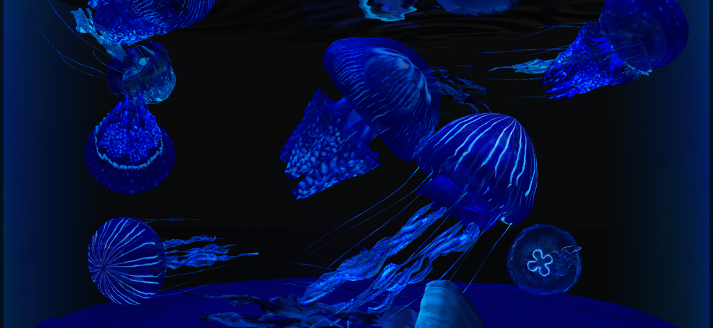 Bioluminescent blue jellyfish swimming in a dark 3D aquarium