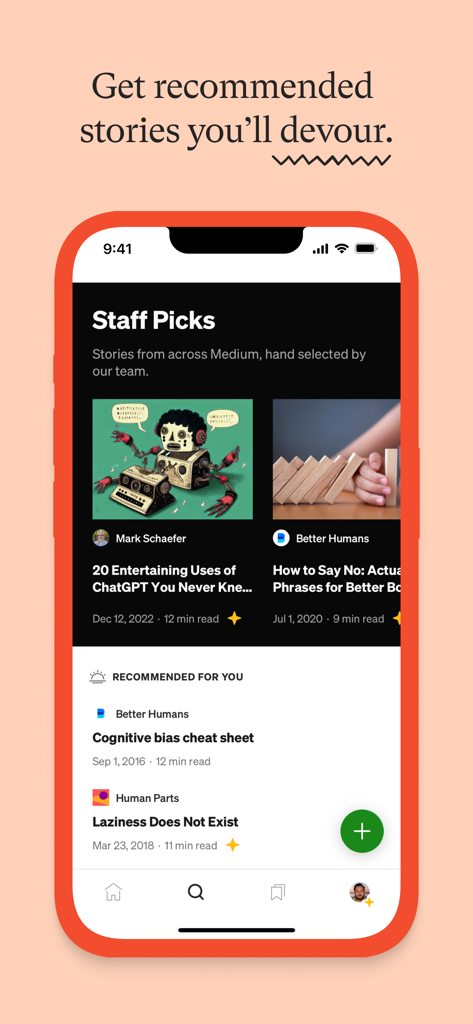 Medium app interface displaying staff picks and personalized article recommendations for readers