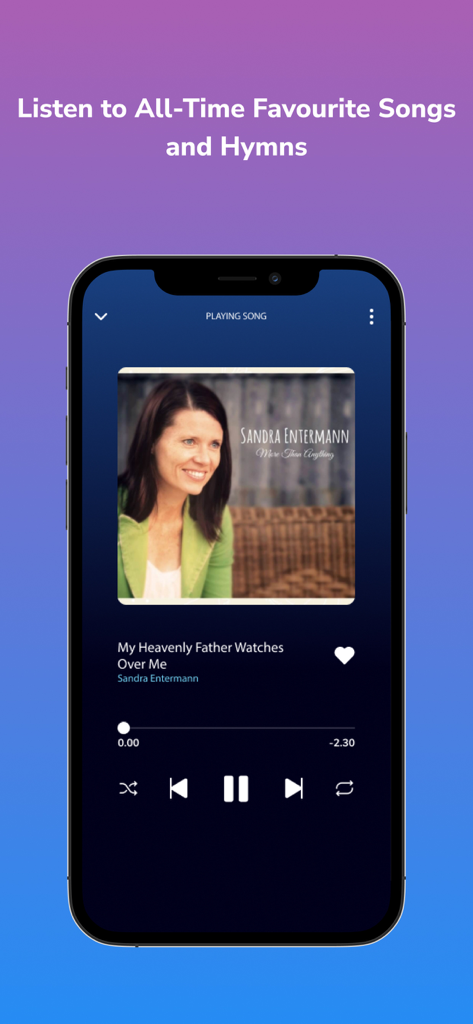 MusicVerse - MusicVerse app interface showing a sacred music player playing a hymn by Sandra Entermann