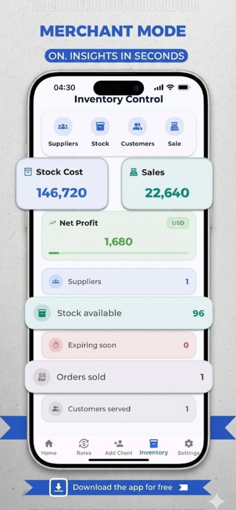 CountiQ Finance - Interface de l'application CountiQ Finance affichant le tableau de bord de contrôle des stocks avec le mode marchand activé, montrant les métriques de ventes et de profit.