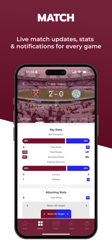 COYIrons 앱에서 실시간 경기 통계 및 점수를 표시하는 휴대폰