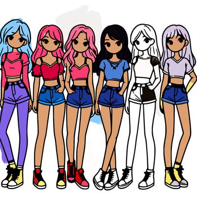 a group of girls wearing crop tops and shorts