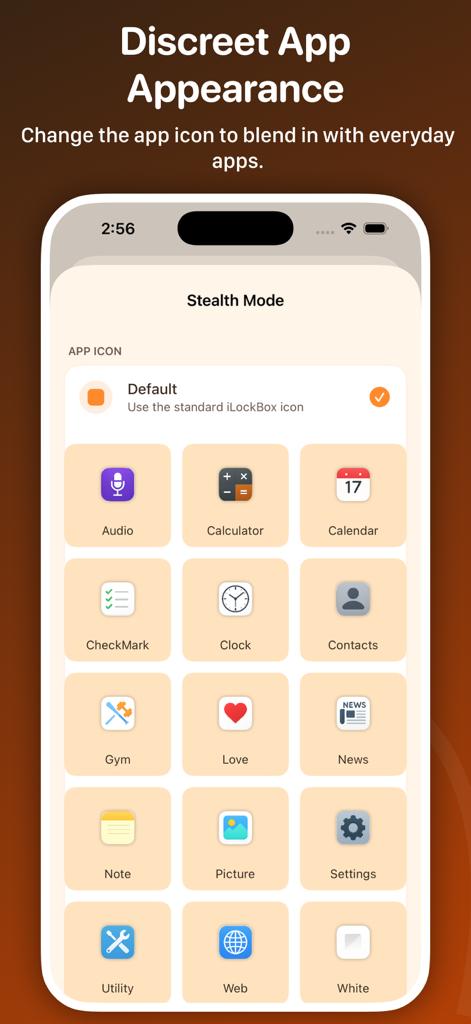 Private Photo Vault: iLockBox - Mobile app interface showing stealth mode options to disguise iLockBox with icons like a calculator or calendar