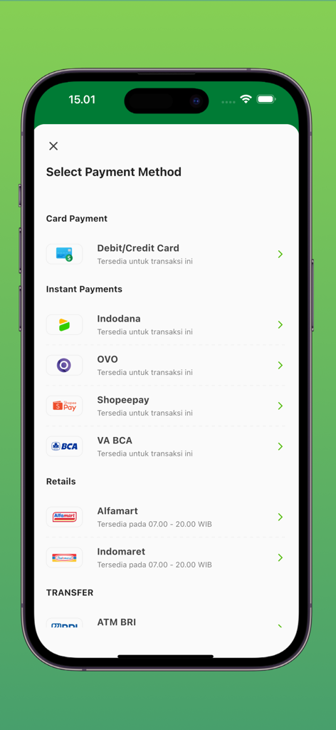 Pantalla de la aplicación móvil Citilink que muestra varias opciones de métodos de pago, incluidas tarjetas de crédito y billeteras digitales