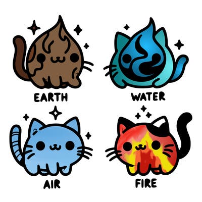 4 cats that represent the different elements, earth, water, air, and fire