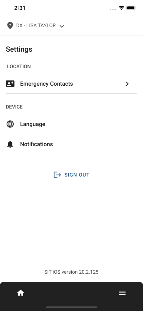 Settings screen of the Gordon Now app showing options for emergency contacts and notifications