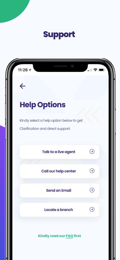 NPF Microfinance Bank - Página de soporte de la aplicación móvil de NPF Microfinance Bank con opciones de ayuda para chat en vivo, centro de llamadas y correo electrónico.