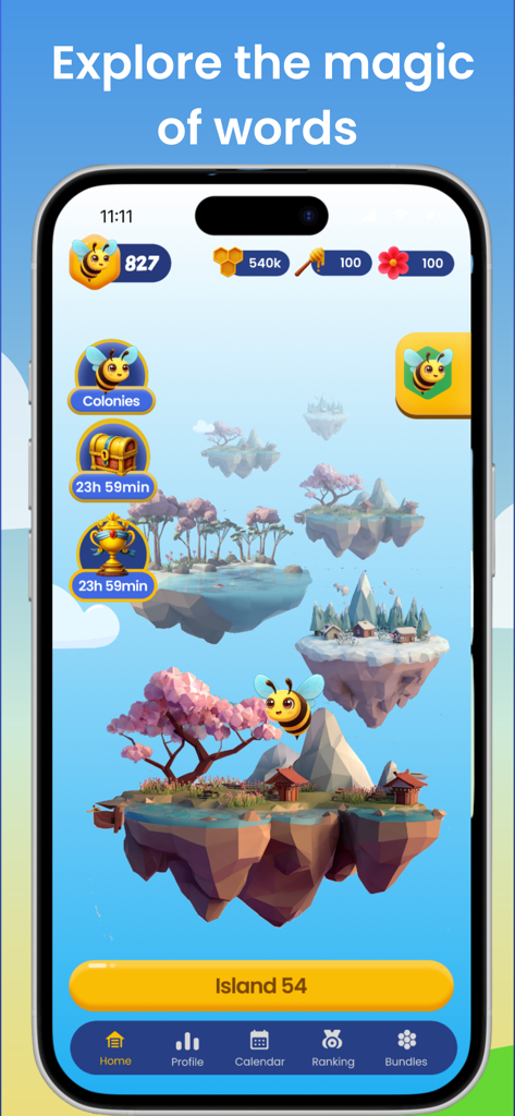 Beehive: Word Puzzle Challenge - Startbildschirm des Beehive Worträtsel-Herausforderungsspiels mit schwebenden Inseln und einer Bienenfigur