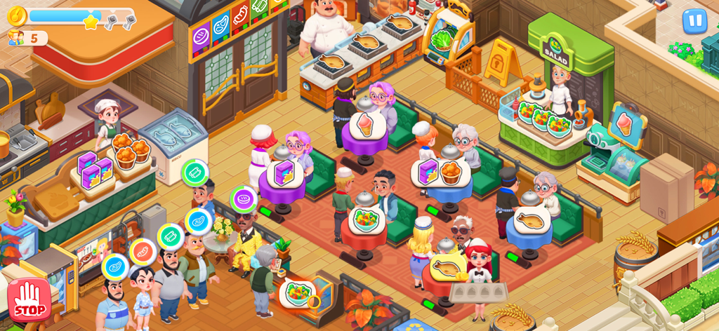 Happy Diner Storyの忙しいレストランのシーン。顧客が注文し、スタッフがさまざまなステーションでサービスを提供しています。