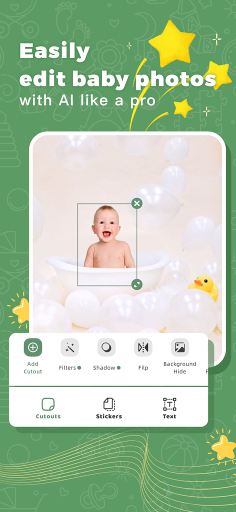 Baby AI Photo Editor LittleCam - Interface do aplicativo móvel LittleCam mostrando uma foto de bebê sendo editada com ferramentas de IA, incluindo filtros e remoção de fundo