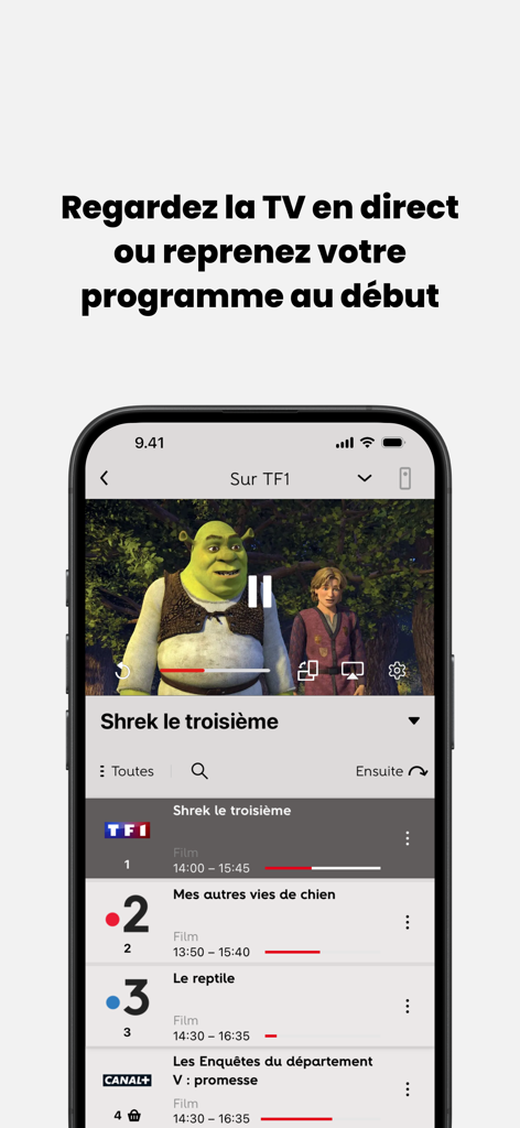 Interface de l'application SFR TV affichant les chaînes de télévision françaises en direct et le streaming de films