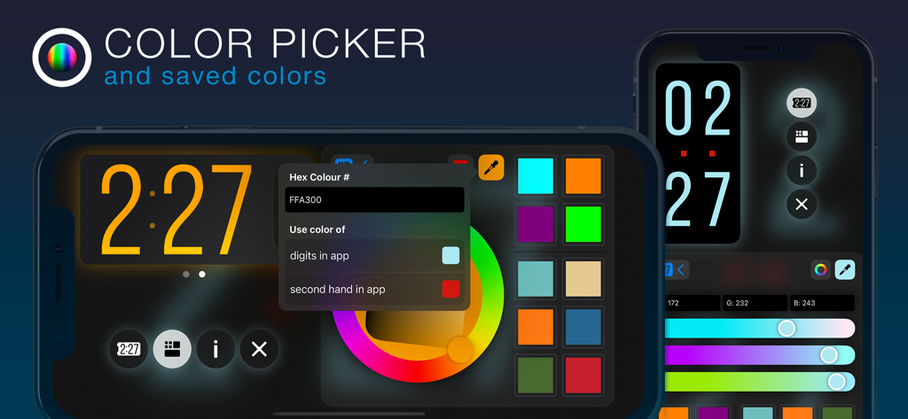 ClockPhone big digital clocks - Interface of the ClockPhone app showing color picker wheel and hex code options for customizing digital clock digits