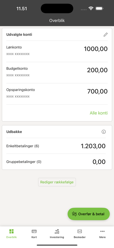 FasterOikos Erhverv - Pantalla de resumen de la aplicación de banca empresarial FasterOikos Erhverv que muestra los saldos de las cuentas y la bandeja de salida de pagos.