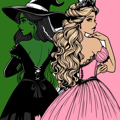 a witch and a princess back to back realistic