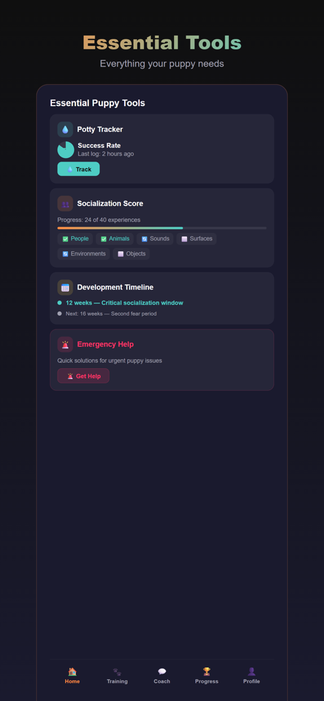 PupCoach — AI Puppy Training - PupCoach app dashboard displaying essential puppy tools including a potty tracker, socialization score, and development timeline.