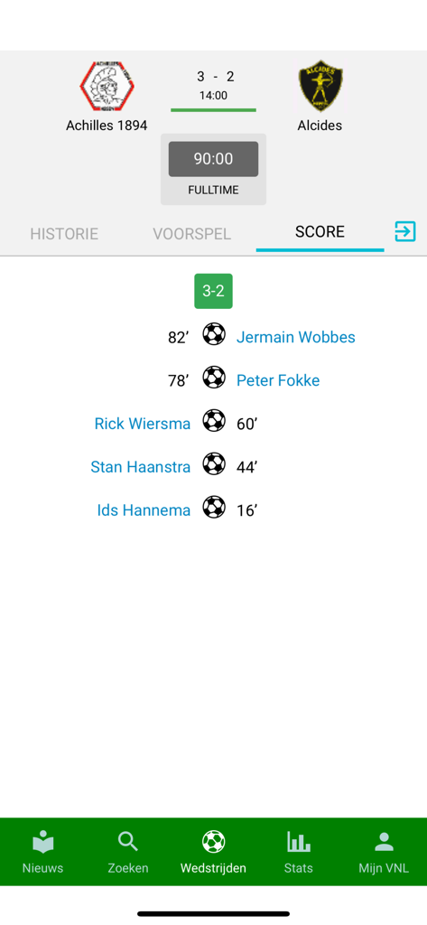 LiveUitslagen - LiveUitslagen mobile app screen showing the final score and goal scorers for a Dutch amateur football match