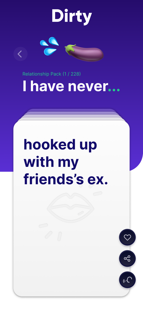 Never Ever: Dirty & Evil - A screenshot of the Never Ever party game showing a question from the Dirty Relationship Pack.