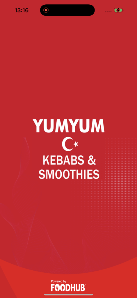 Splash-Screen der Yum Yum Kebab und Smoothies Mobile App mit Logo und rotem Hintergrund