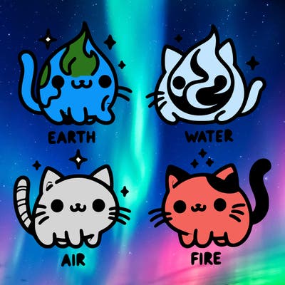 4 cats that represent the different elements, earth, water, air, and fire