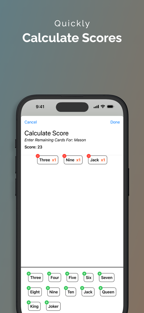 Crowns Score Keeper - クラウンズ スコアキーパーアプリのインターフェース。ユーザーが残りのカードを選択する自動スコア計算機能を示しています。