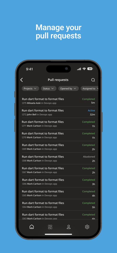 Az DevOps - Mobile app interface of Az DevOps showing a list of pull requests with status and author details on an iPhone.