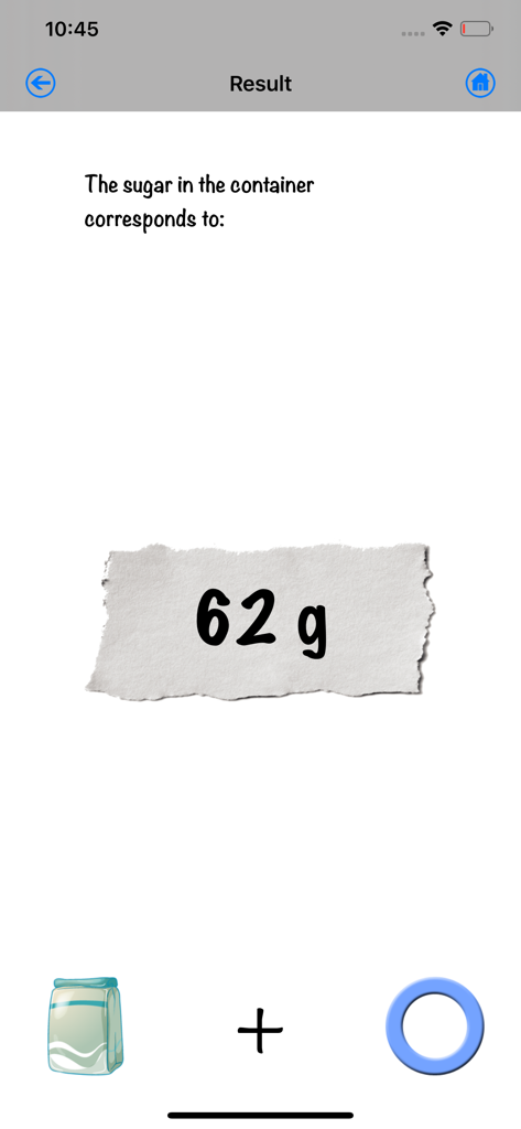 Kitchen Scales - App screen showing a measurement result of 62 grams of sugar