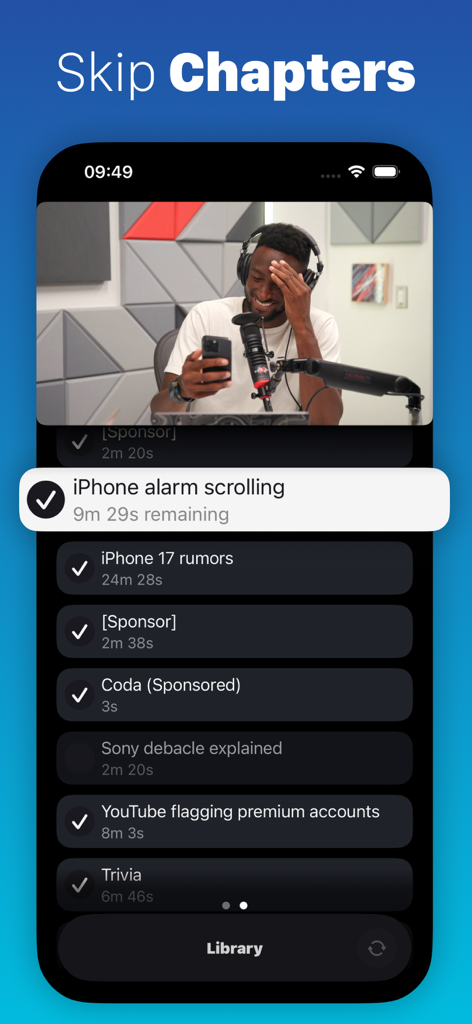 Interface showing the skip chapters feature in Unwatched for YouTube to filter out specific video segments like sponsors