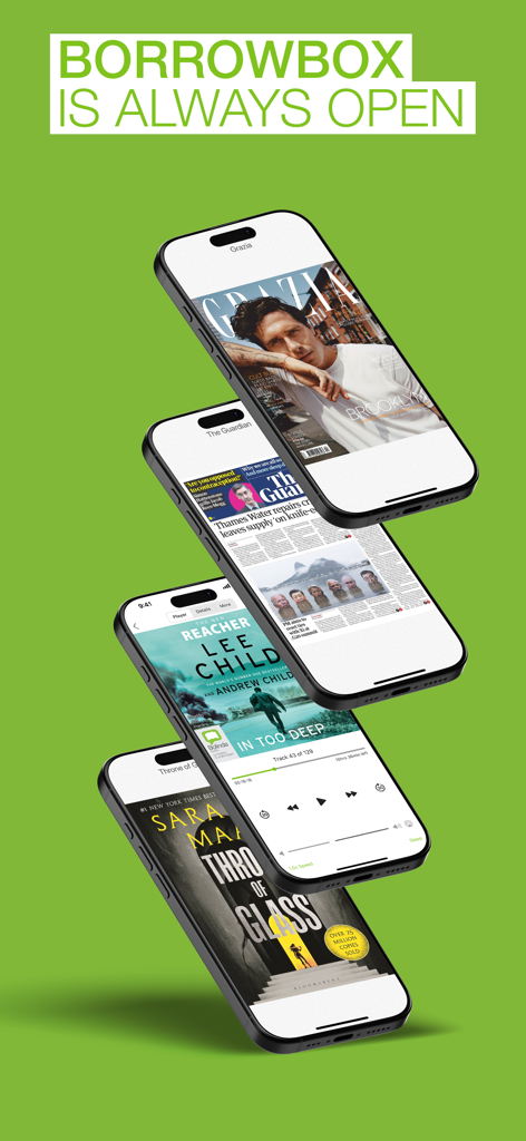 BorrowBox - 4台のスマートフォンに、BorrowBoxアプリで雑誌、新聞、オーディオブック、電子書籍が表示されている。