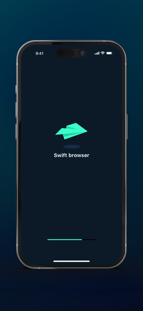 Écran de lancement de l'application Swift Browser-proxy avec un logo d'avion en papier bleu sarcelle et une barre de progression