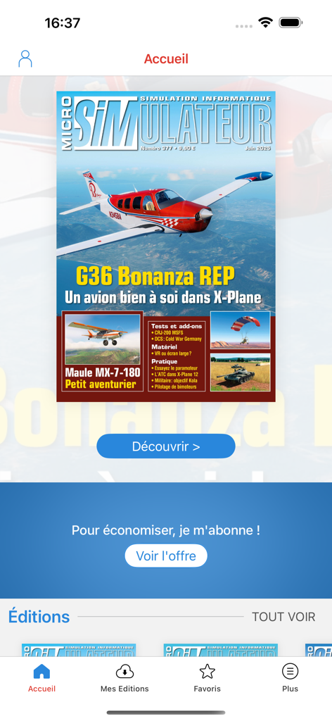 Pantalla de inicio de la revista Micro Sim sobre simulación de vuelo, mostrando la portada de una edición digital con un avión rojo.