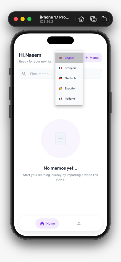 Talkio App - The home screen of the Talkio app featuring a language selection dropdown menu with multiple options.