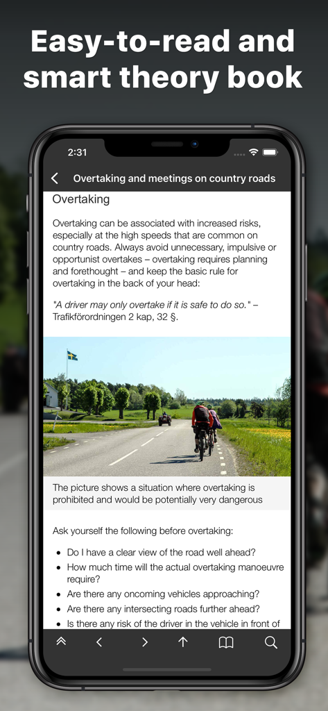 iKörkort - iKorkort app showing a theory book page about overtaking rules for the Swedish driving test