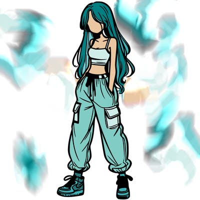 girl in baggy pants crop top and long hair