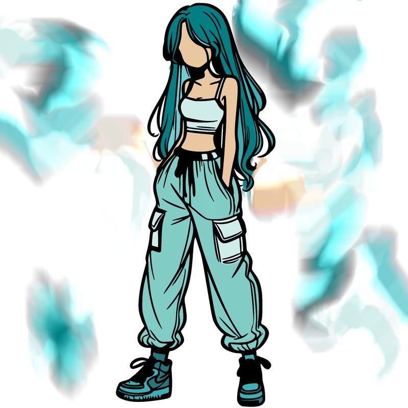 girl in baggy pants crop top and long hair