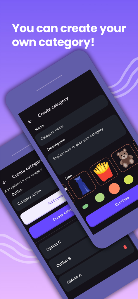 Guess It: Charades & Guessing - Interface showing how to create a custom charades category in the Guess It app