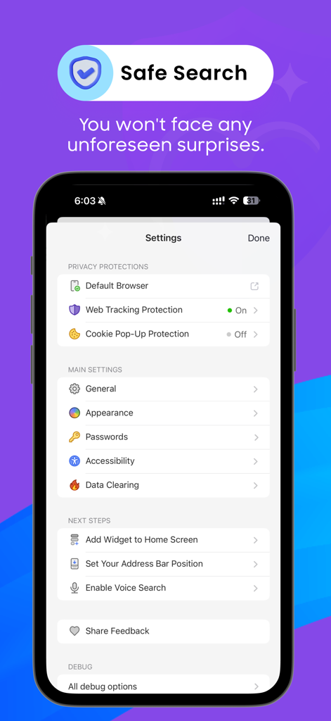 Kahf Browser - Interface des paramètres de Kahf Browser présentant les protections de la vie privée et les fonctionnalités de recherche sécurisée