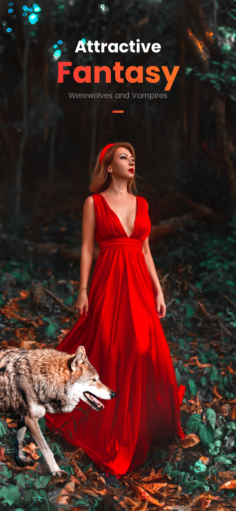 iStory-Best Romance Webnovels - Uma mulher em um vestido vermelho esvoaçante caminha por uma floresta escura com um lobo representando histórias de fantasia e romance de lobisomens