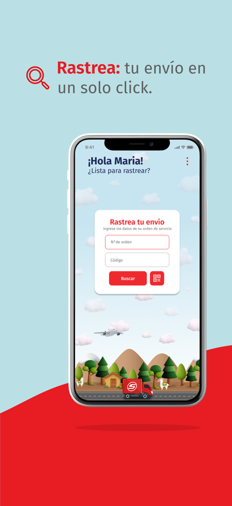 Pantalla de la aplicación móvil SHALOM para rastrear envíos a Perú