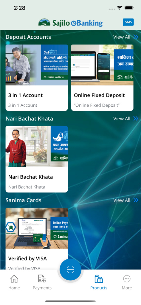 Sanima Sajilo e-Banking - The products screen of the Sanima Sajilo e-Banking app showing various account types and card services