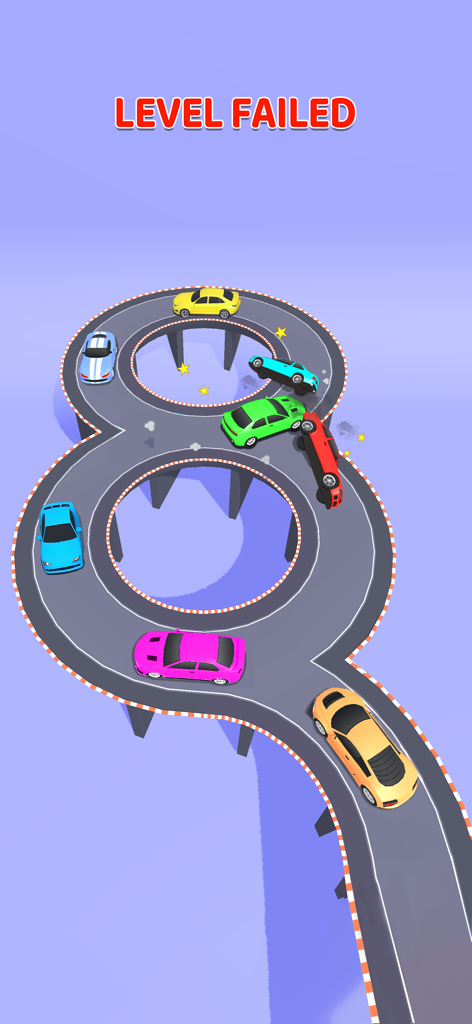 A mini game level showing several cars crashed on an eight-shaped race track with the text level failed