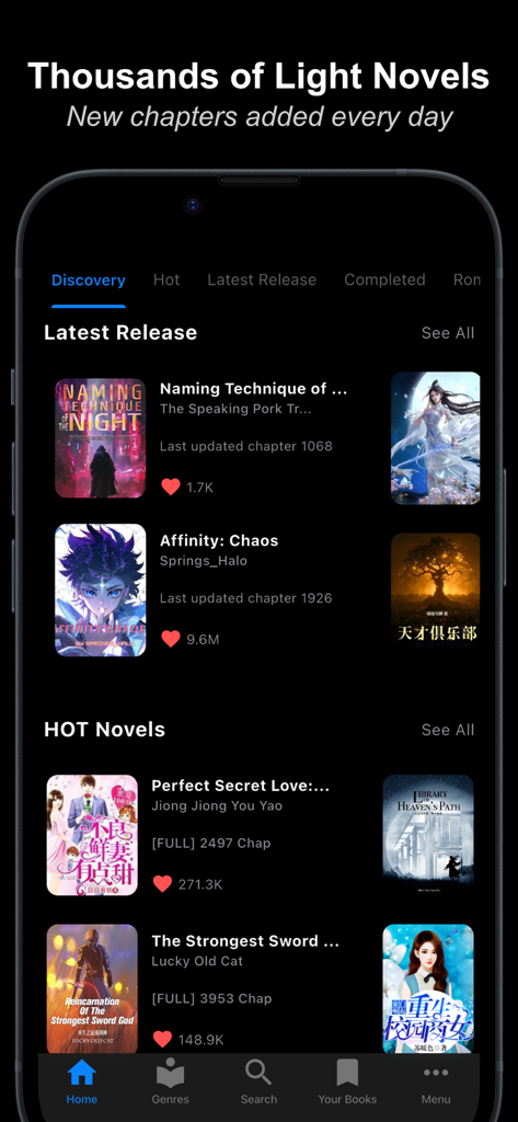 Light Novel - Offline Reader - Interfaz de la aplicación Novela Ligera Lector sin Conexión mostrando títulos populares y nuevos de novelas ligeras en modo oscuro