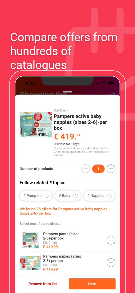 Mobile App-Bildschirm, der den Preisvergleich für Babywindeln in verschiedenen Geschäftskatalogen zeigt
