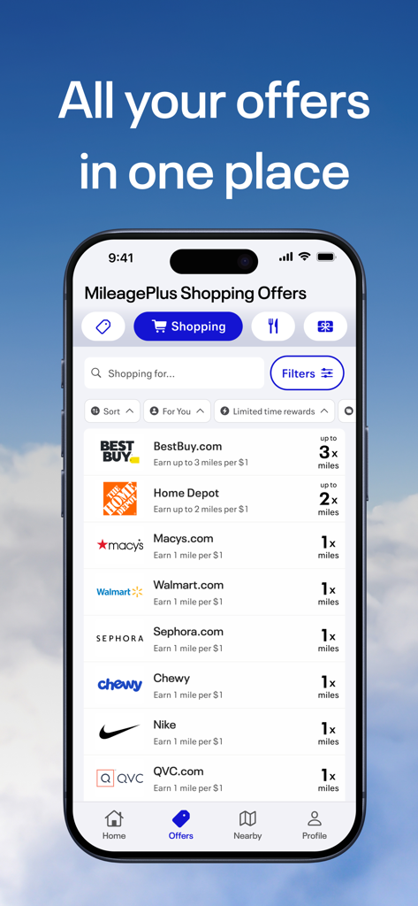 Schermata mobile che mostra un elenco di rivenditori e offerte di acquisto per guadagnare miglia United MileagePlus