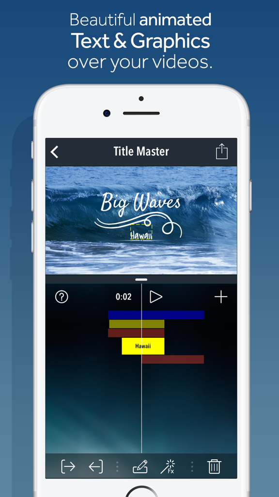 Interface de l'application Title Master montrant du texte animé sur une vidéo et un éditeur de chronologie multi-couches