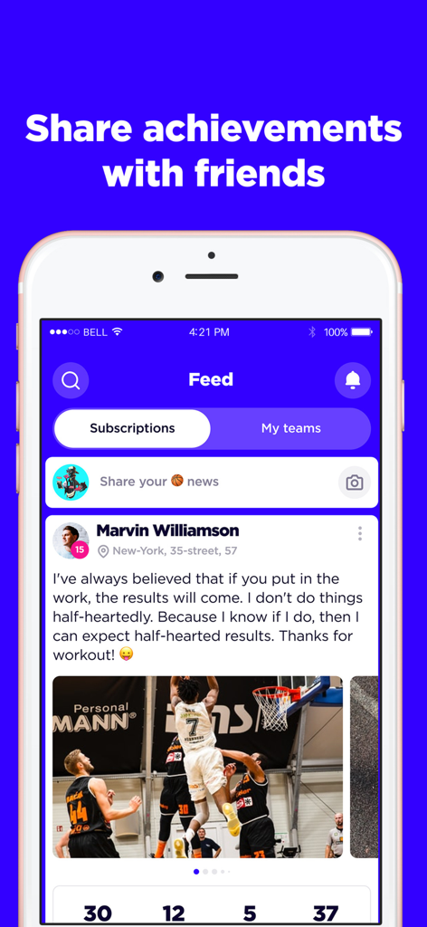 Level Up - Basketball Training - Flux social de l'application d'entraînement de basketball Level Up où les athlètes partagent leurs réalisations et photos de match avec des amis