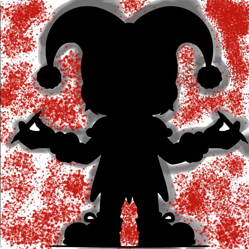 pomni white skin dark brown hair short adjuster hat, that’s red and blue with pom-poms on it red and blue jester suit with pom-poms on the middle 2 of them jester shoes, red and blue at the top yellow ribbon red and blue for the gloves ribbon on the gloves her eyes looks like pizza slices, but colored, red and blue at the same time