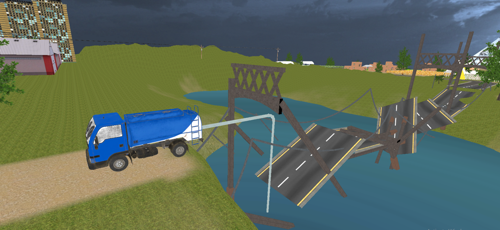 Real City Construction Games - Camión azul aparcado junto a un puente derrumbado en un juego de simulación de construcción.